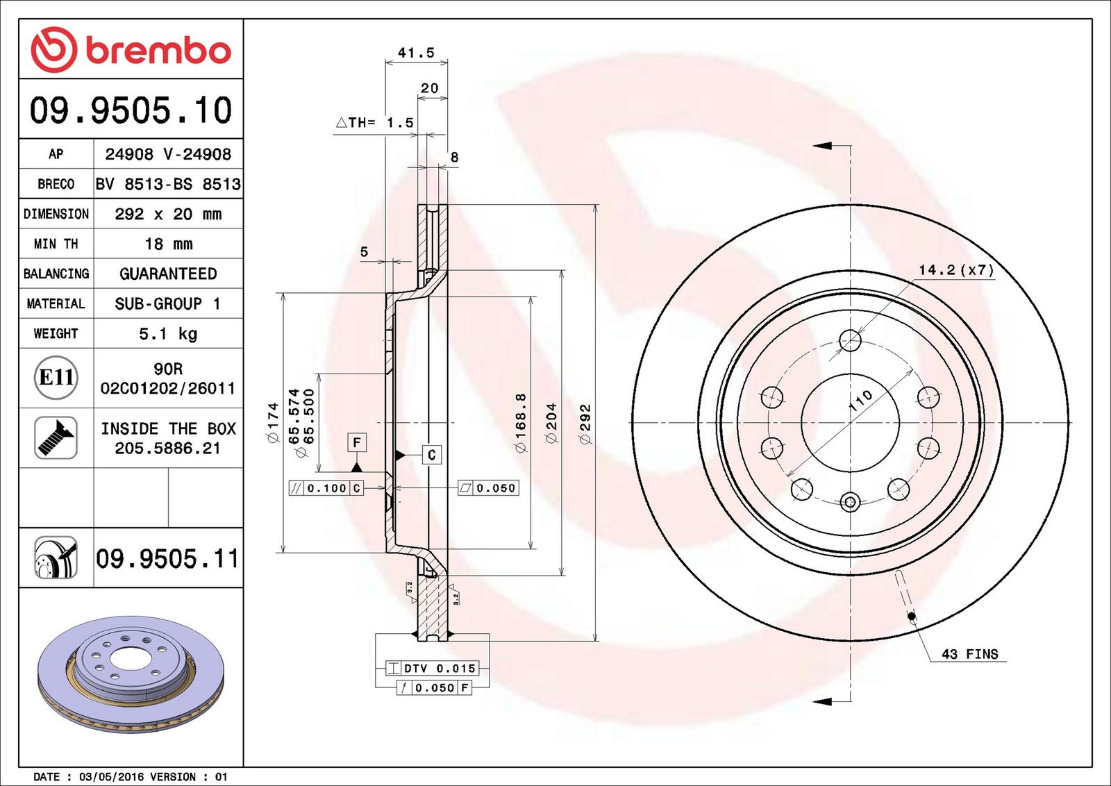 BREMBO 09.9505.11 - Bremsscheibe