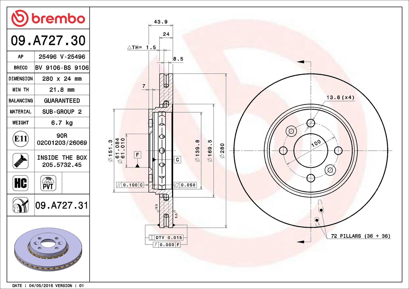 BREMBO 09.A727.31 - Bremsscheibe