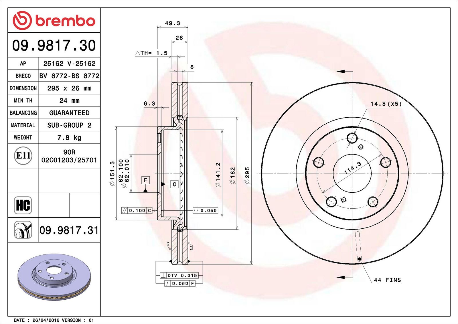 BREMBO 09.9817.31 - Bremsscheibe
