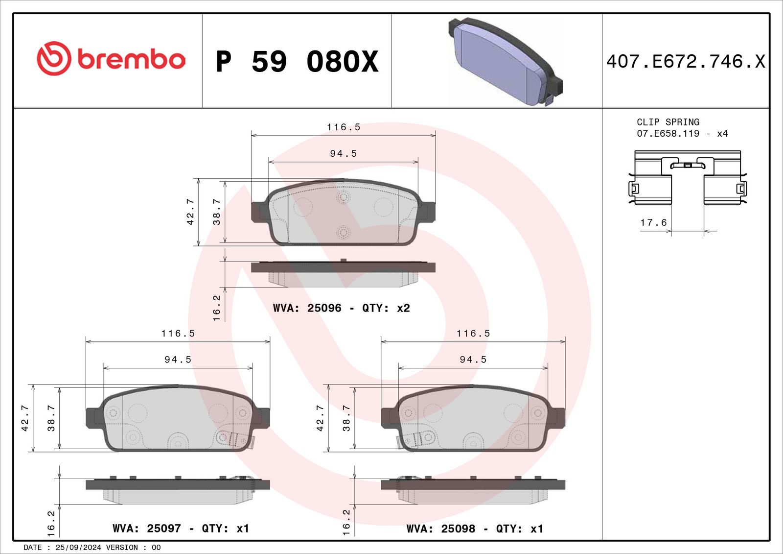 BREMBO P 59 080X - Bremsbelagsatz, Scheibenbremse