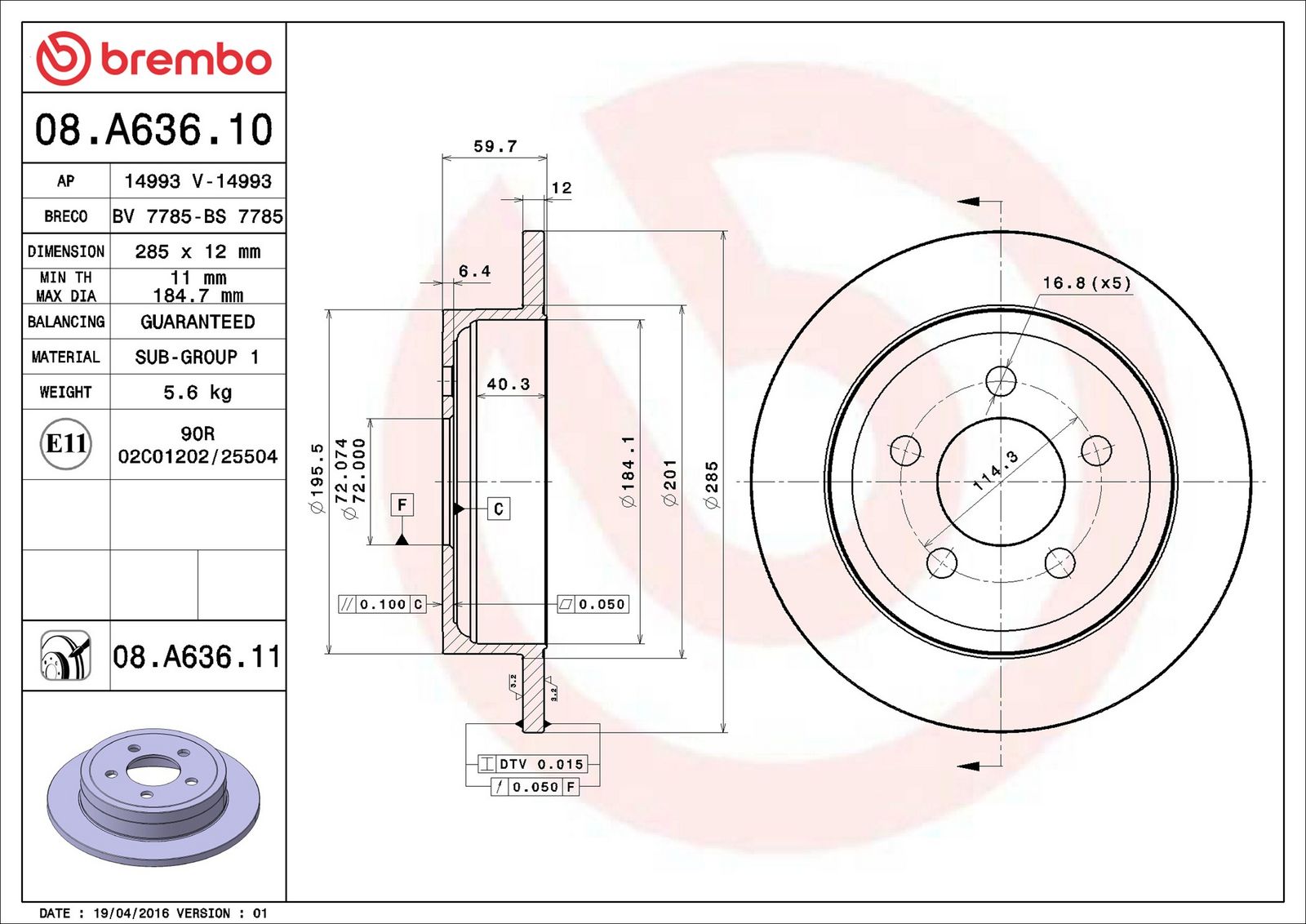 BREMBO 08.A636.11 - Bremsscheibe