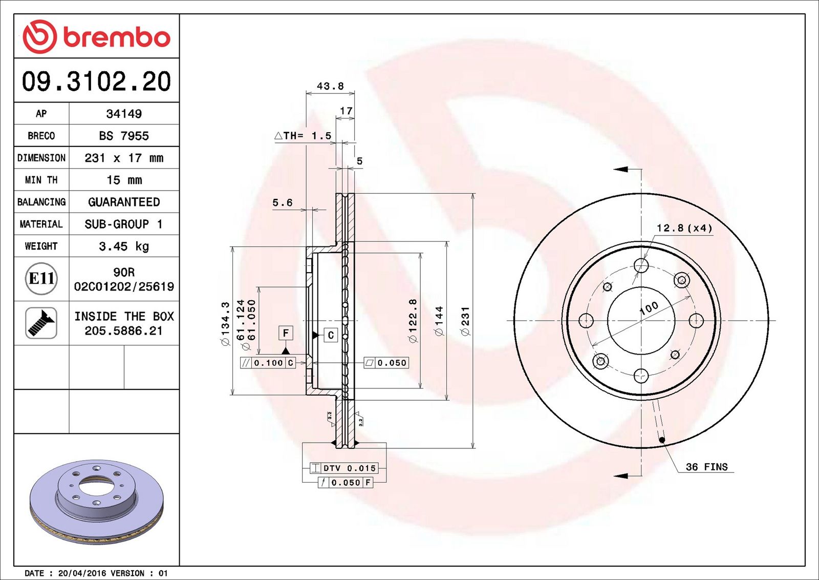 BREMBO 09.3102.20 - Bremsscheibe