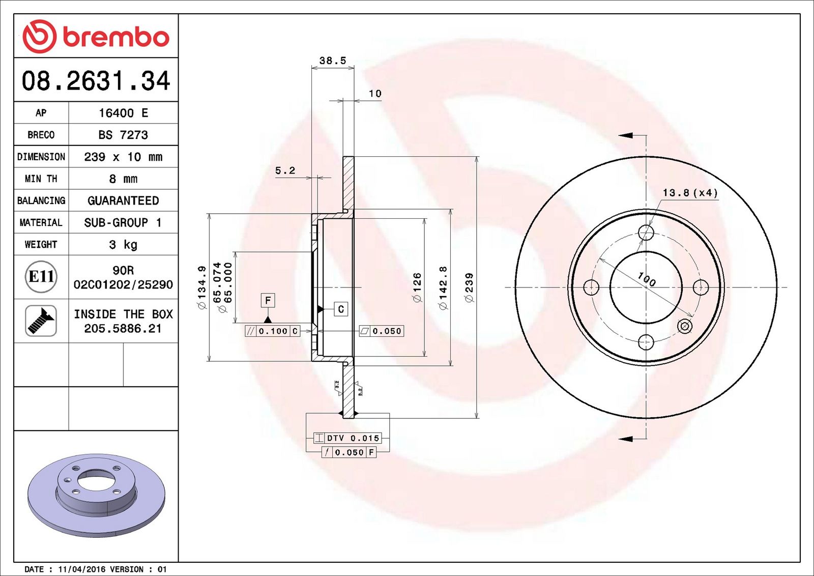 BREMBO 08.2631.34 - Bremsscheibe