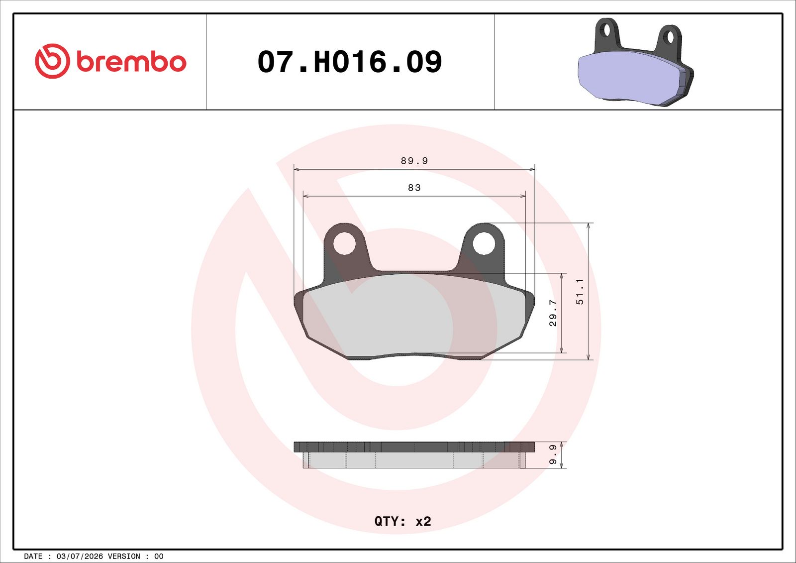 BREMBO 07HO1609 - Bremsbelagsatz, Scheibenbremse