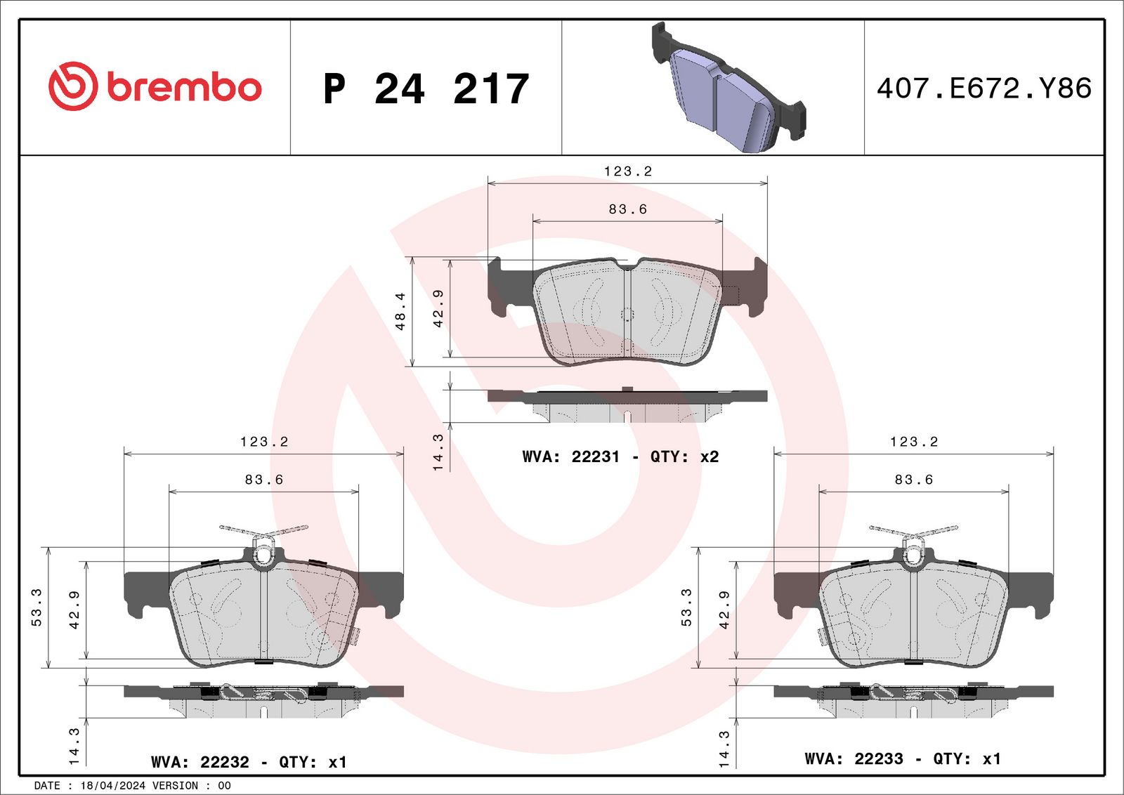 BREMBO P 24 217 - Bremsbelagsatz, Scheibenbremse