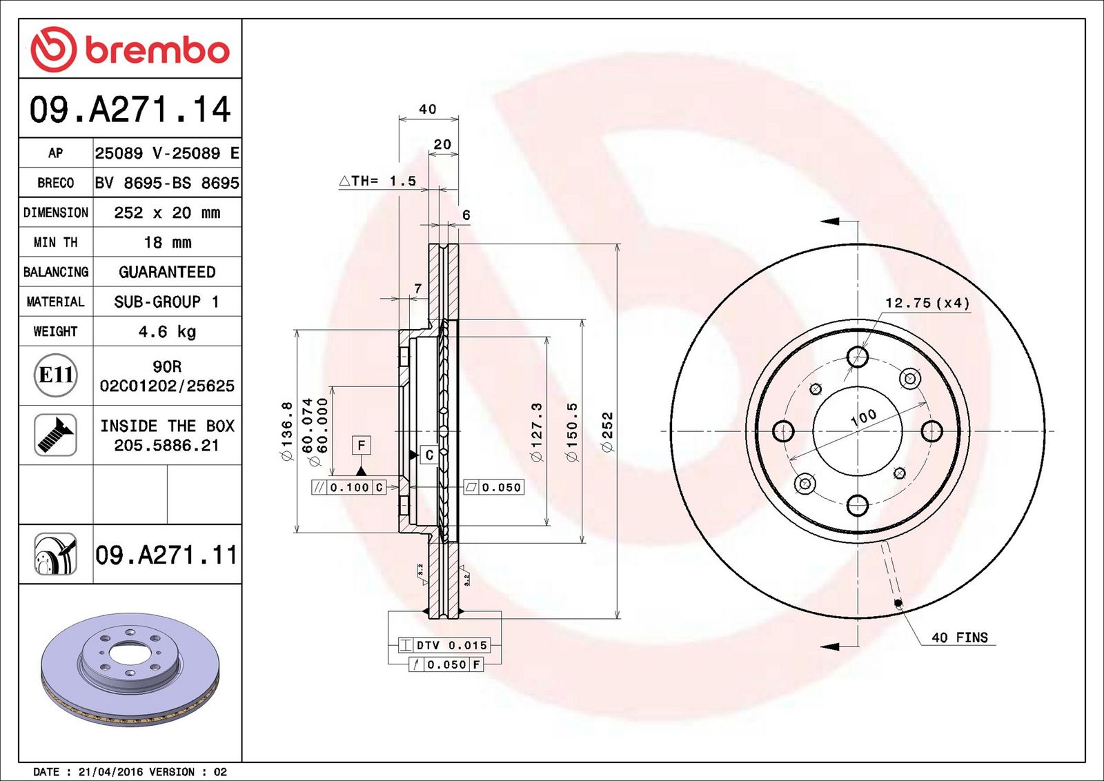 BREMBO 09.A271.11 - Bremsscheibe