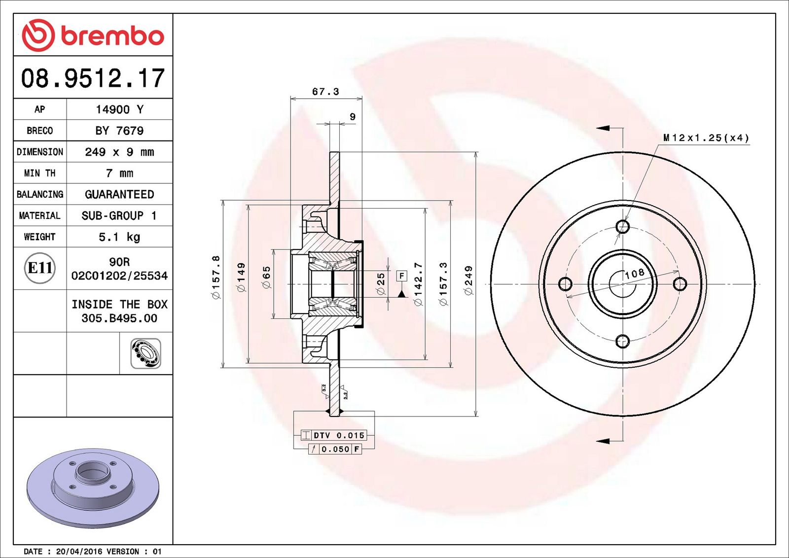 BREMBO 08.9512.17 - Bremsscheibe