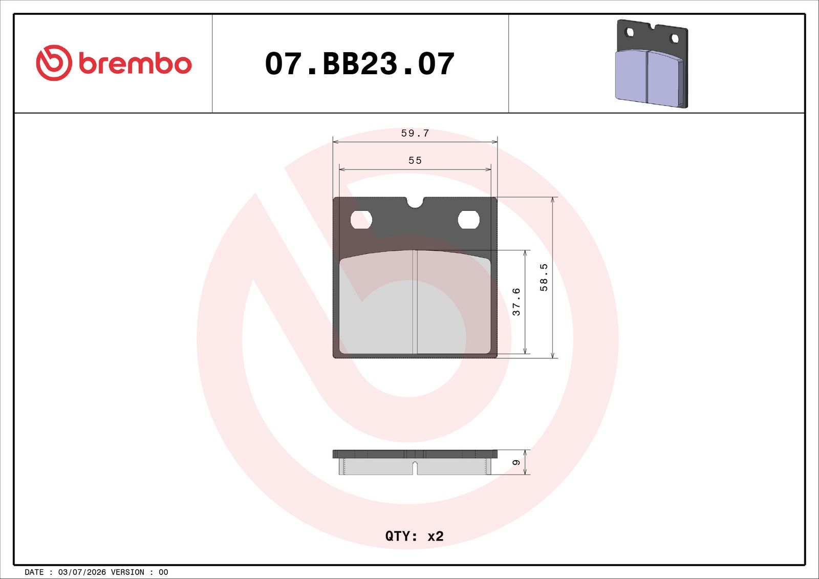 BREMBO 07BB2307 - Bremsbelagsatz, Scheibenbremse