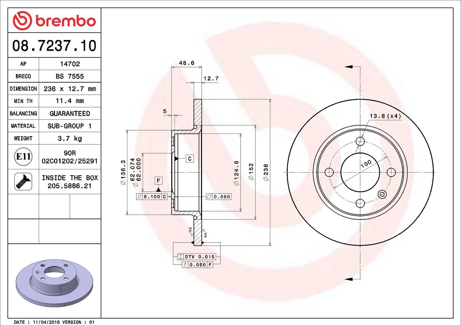 BREMBO 08.7237.10 - Bremsscheibe