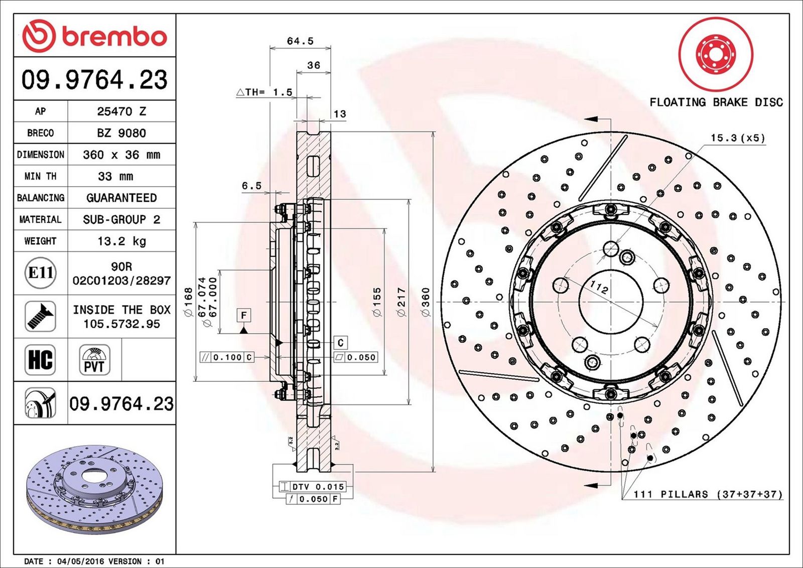 BREMBO 09.9764.23 - Bremsscheibe
