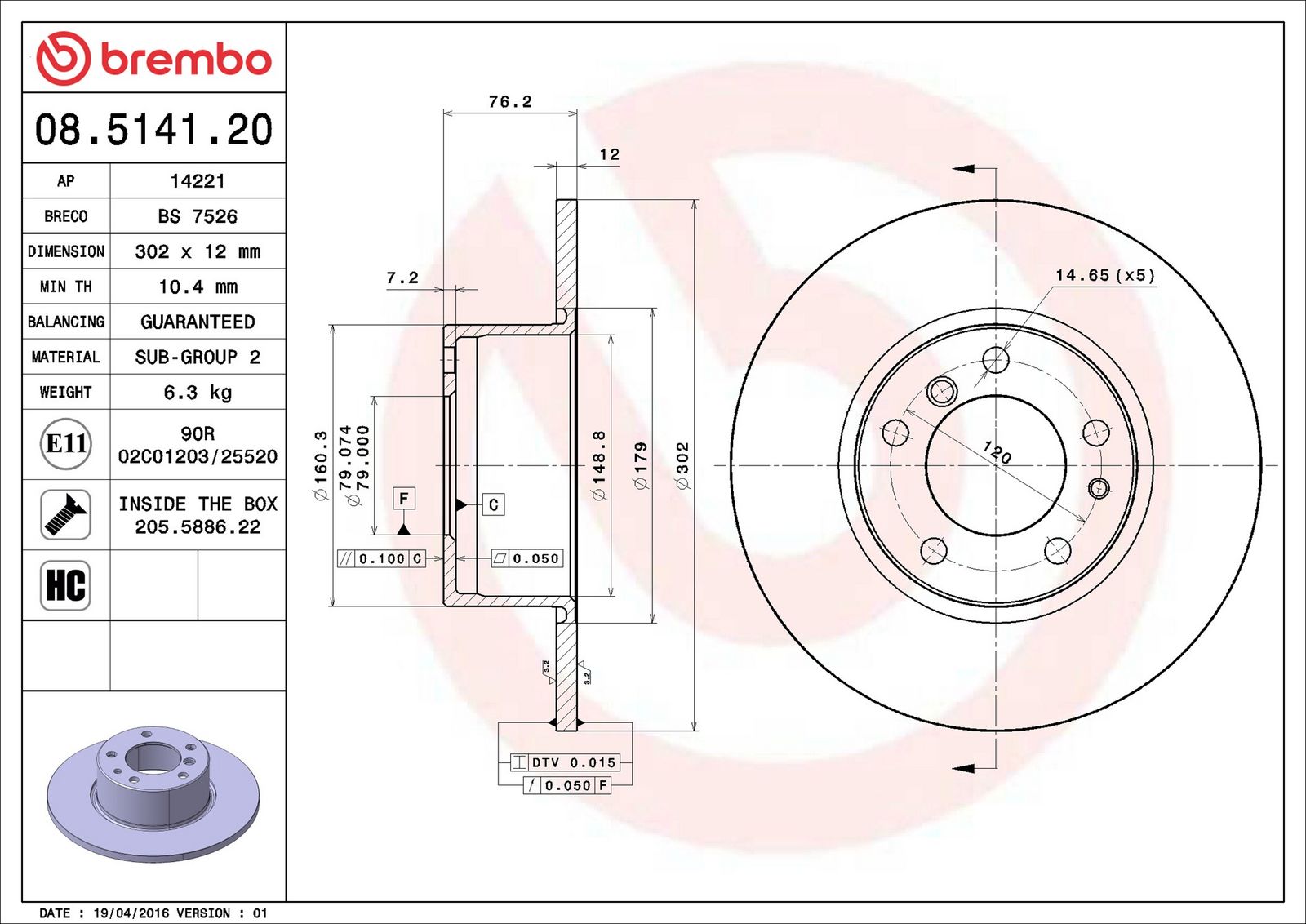 BREMBO 08.5141.20 - Bremsscheibe