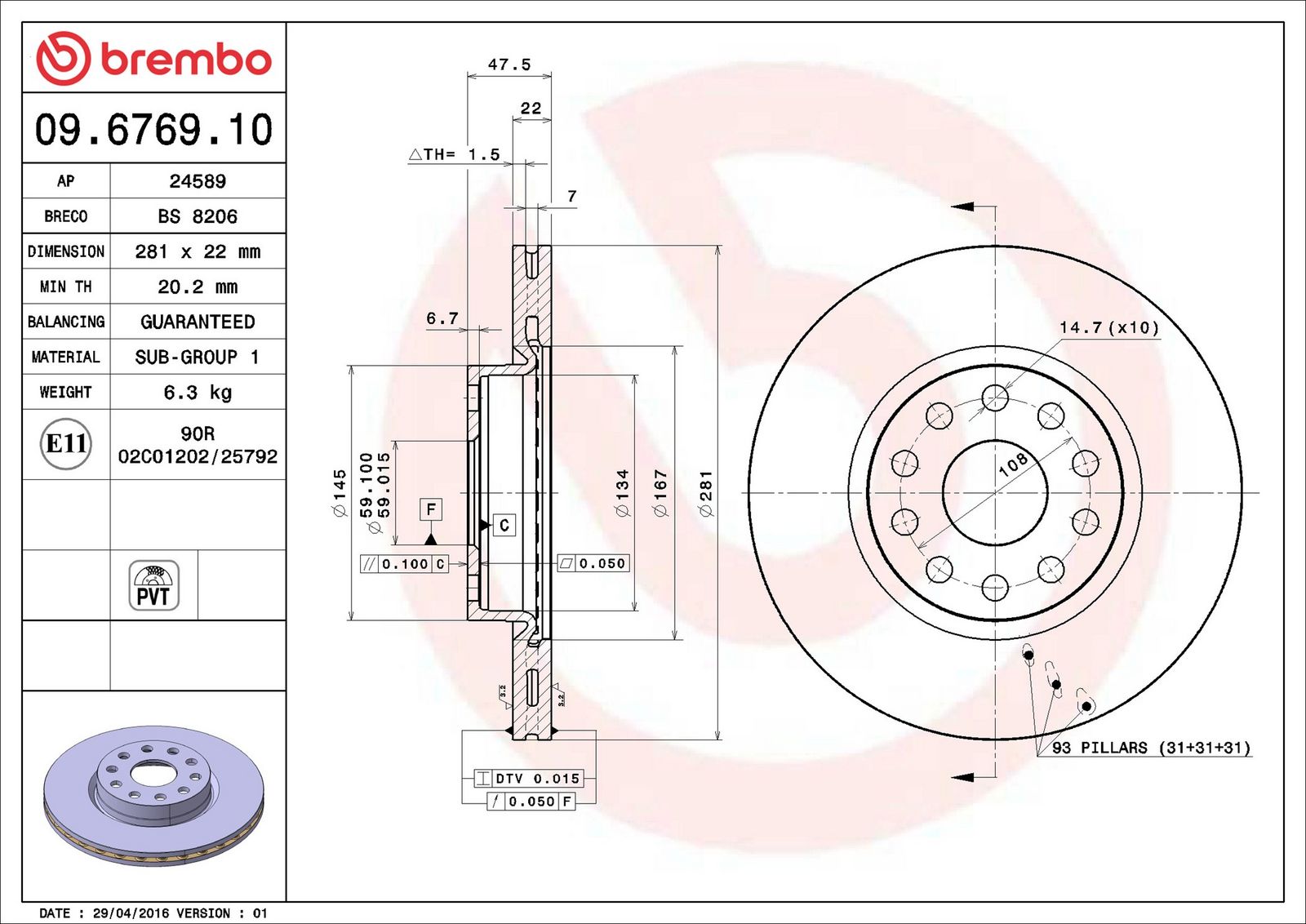 BREMBO 09.6769.10 - Bremsscheibe