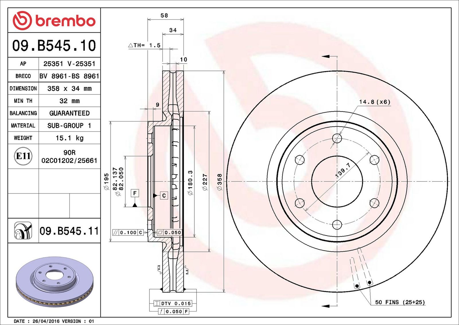 BREMBO 09.B545.11 - Bremsscheibe