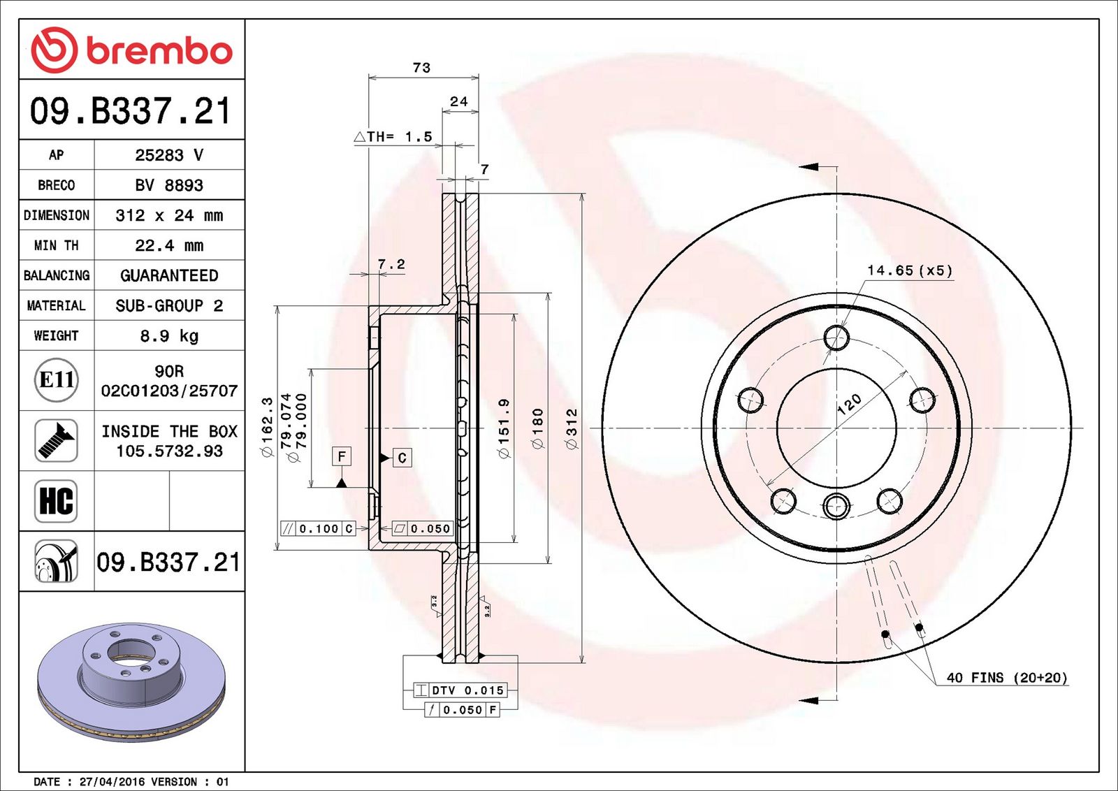 BREMBO 09.B337.21 - Bremsscheibe