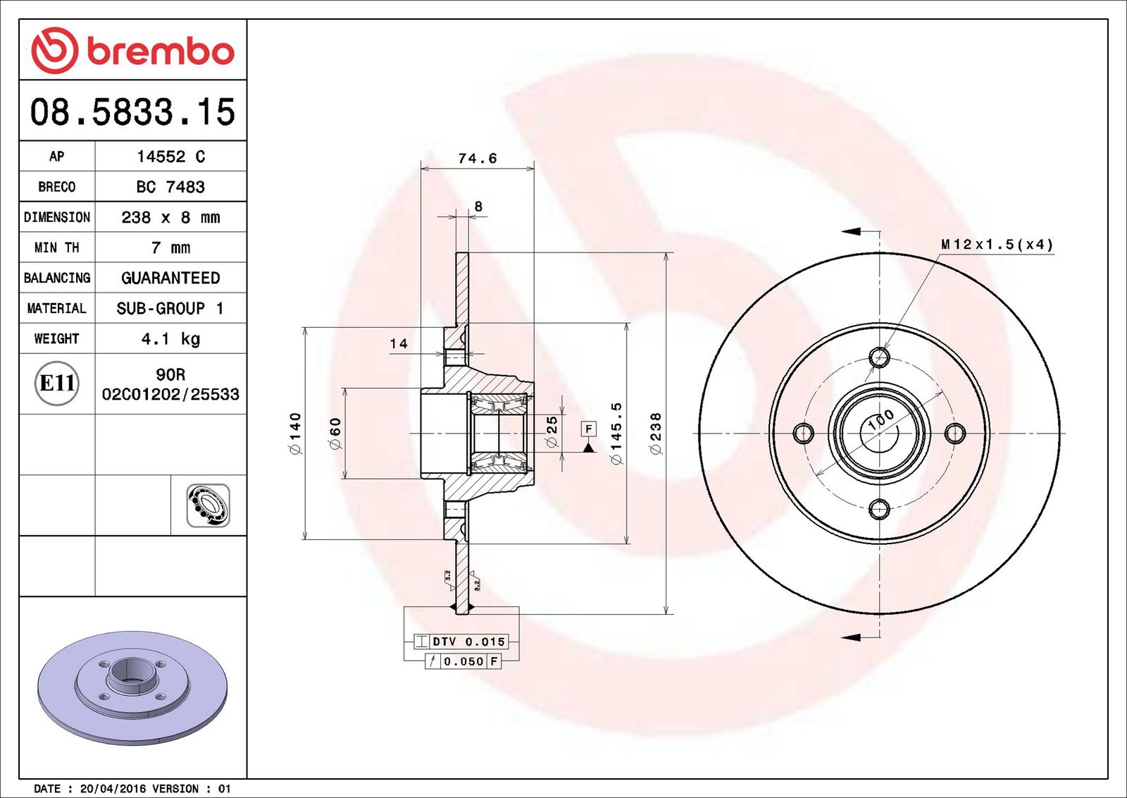 BREMBO 08.5833.15 - Bremsscheibe