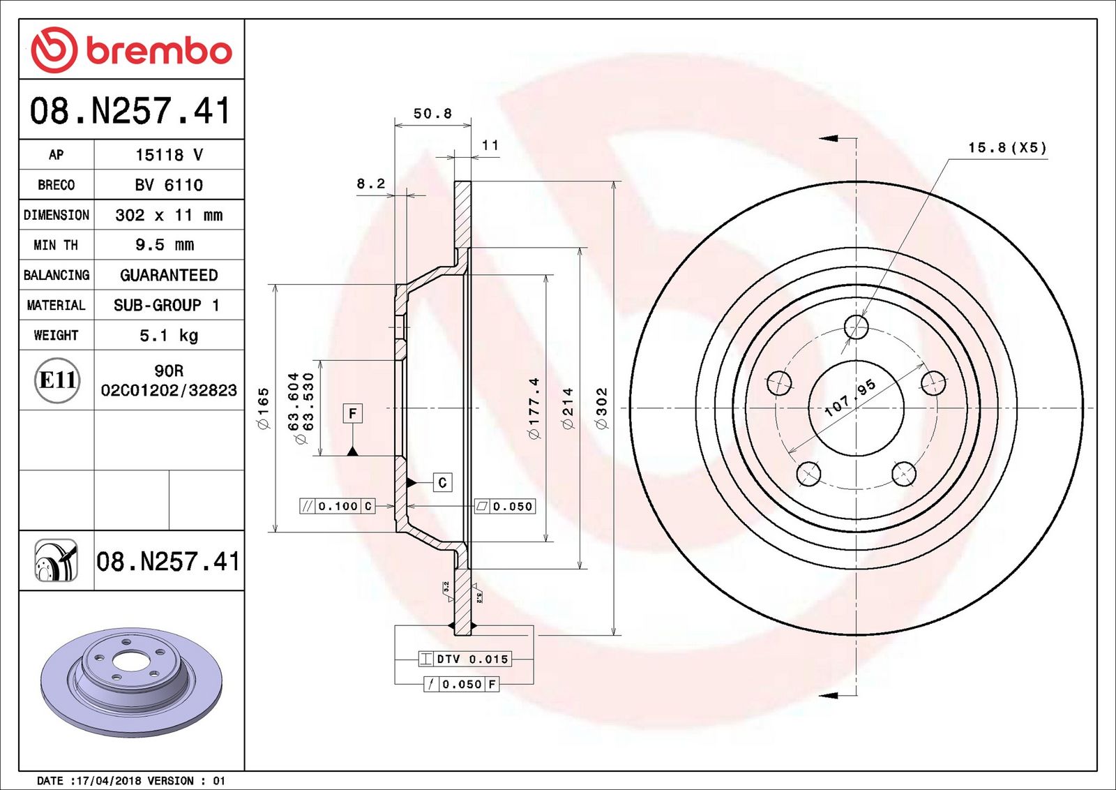 BREMBO 08.N257.41 - Bremsscheibe