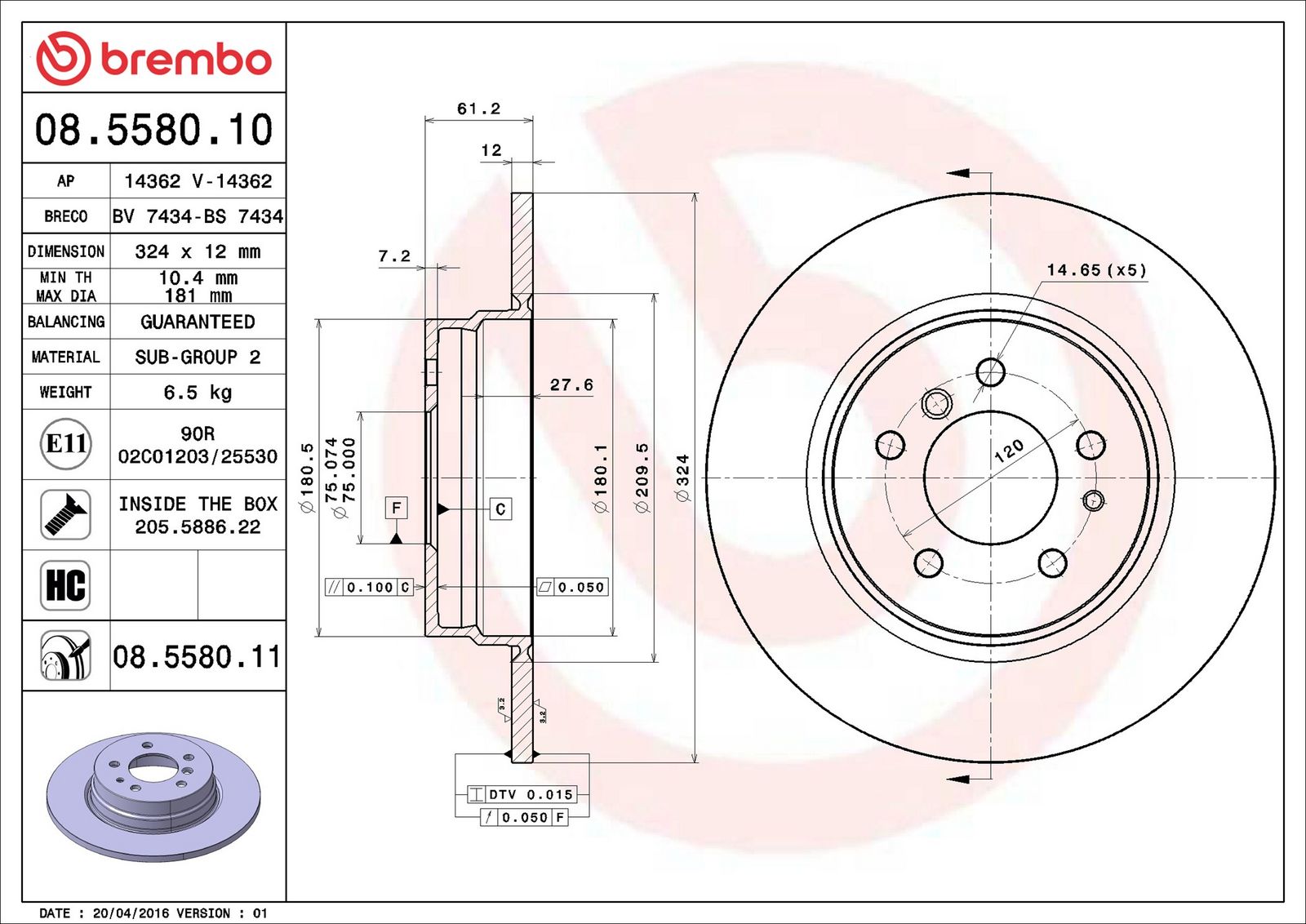 BREMBO 08.5580.11 - Bremsscheibe
