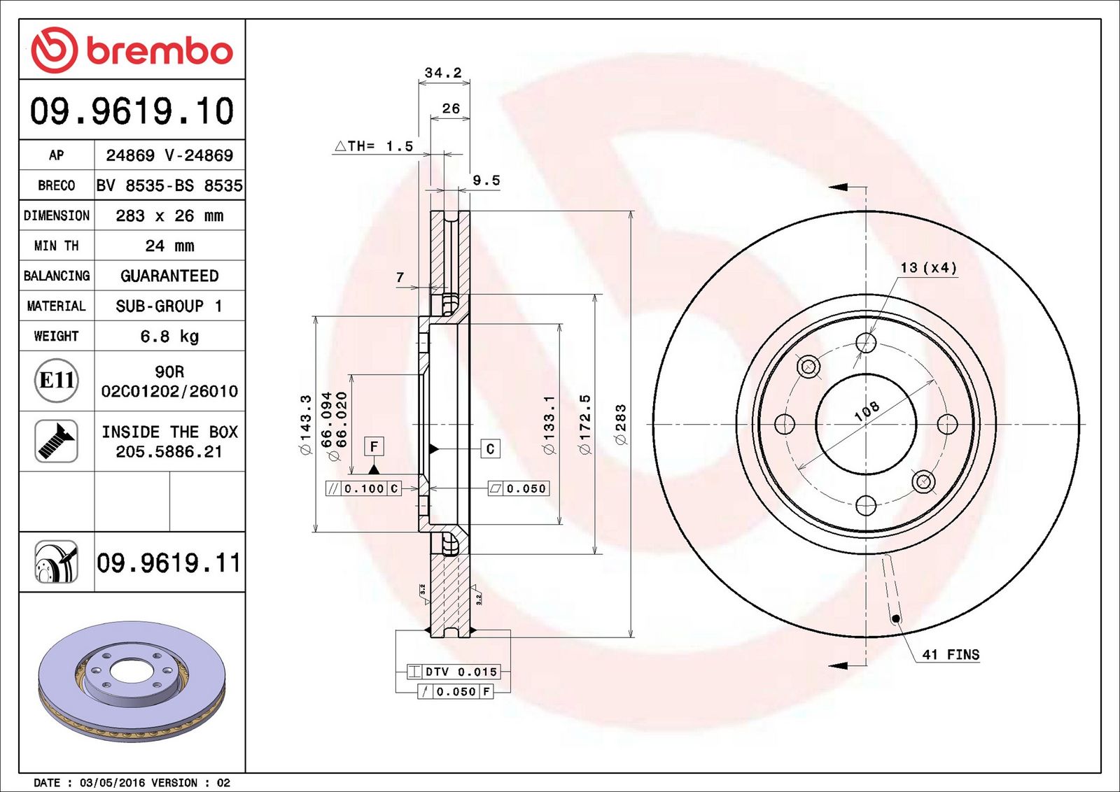 BREMBO 09.9619.11 - Bremsscheibe
