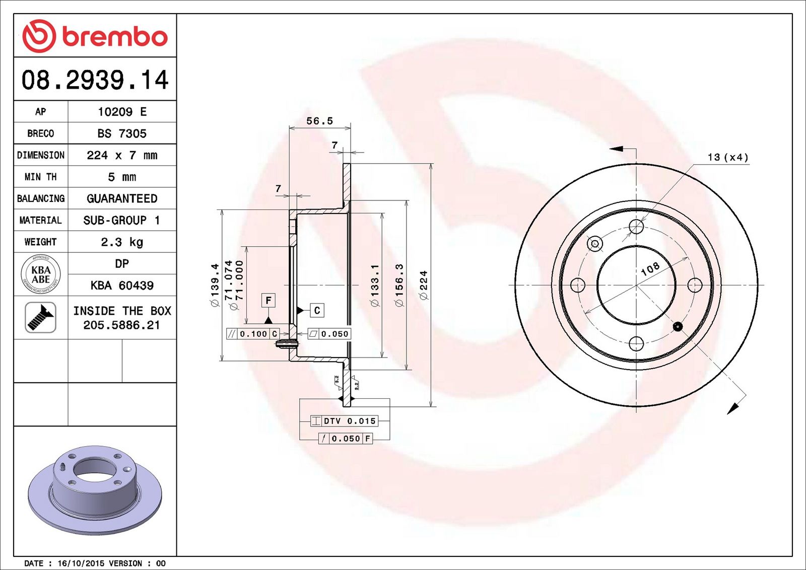 BREMBO 08.2939.14 - Bremsscheibe
