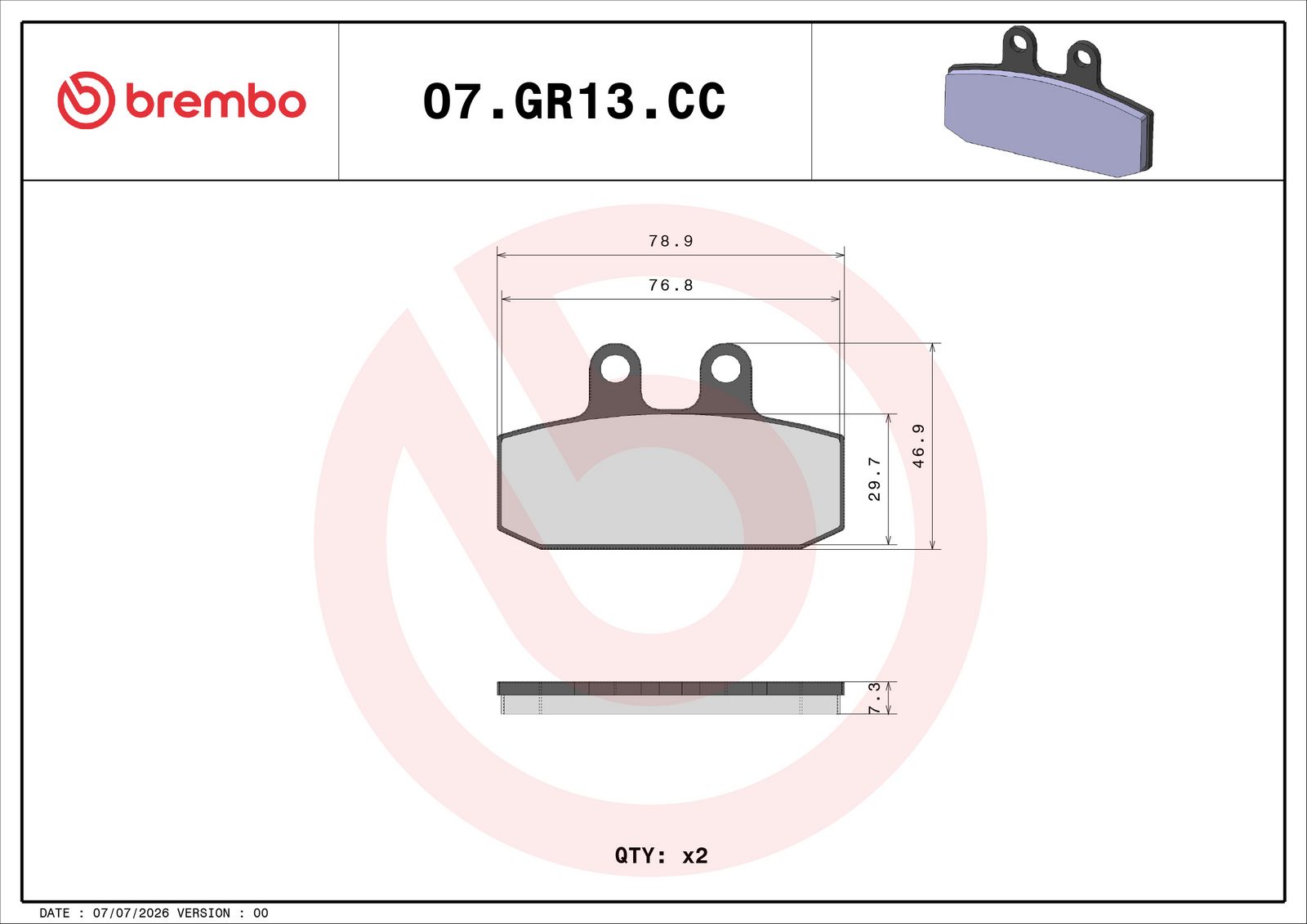 BREMBO 07GR13CC - Bremsbelagsatz, Scheibenbremse
