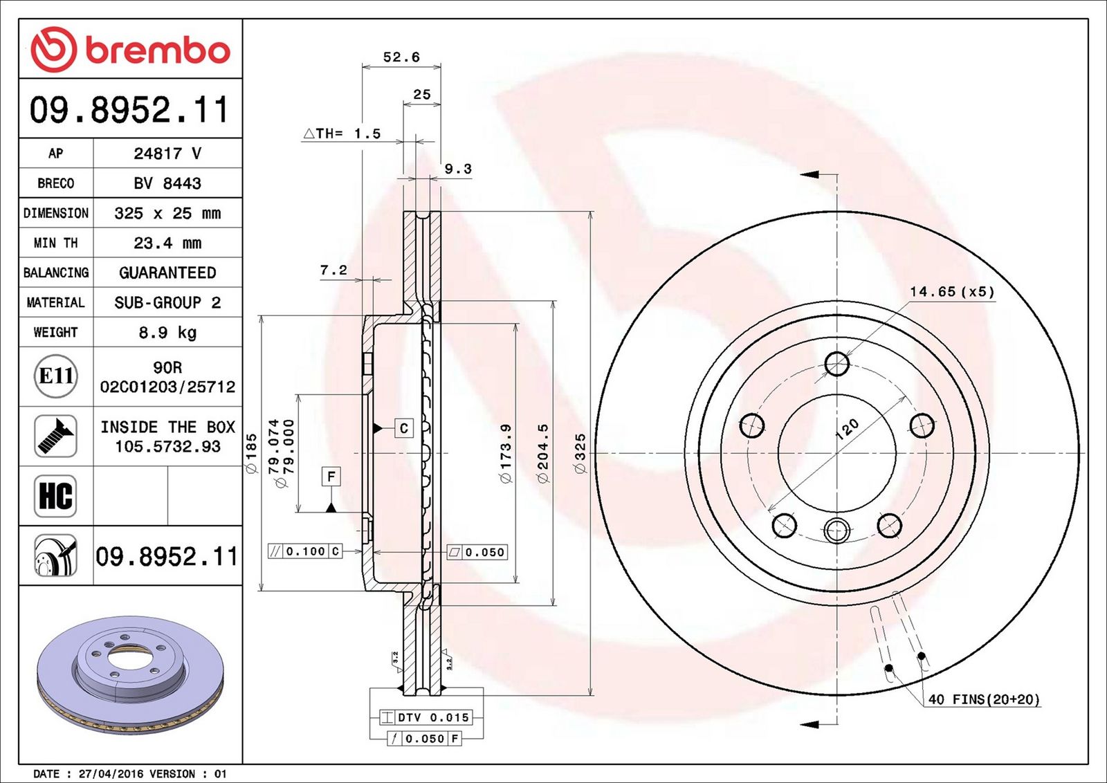 BREMBO 09.8952.11 - Bremsscheibe