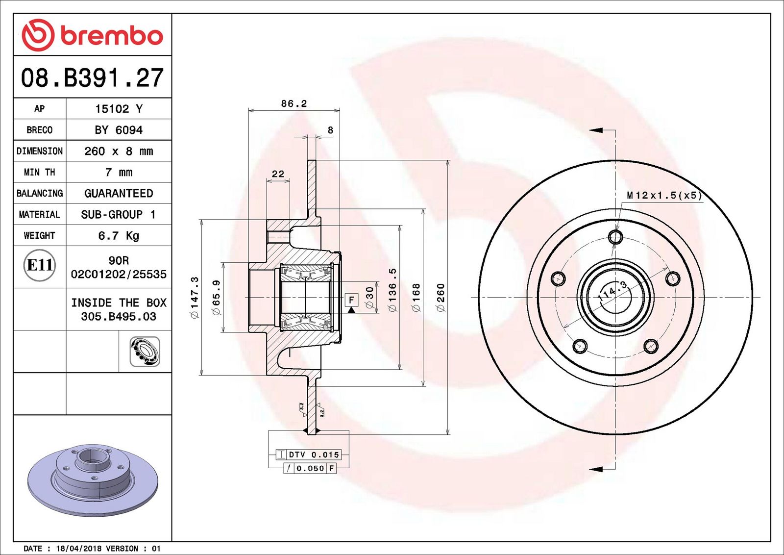 BREMBO 08.B391.27 - Bremsscheibe
