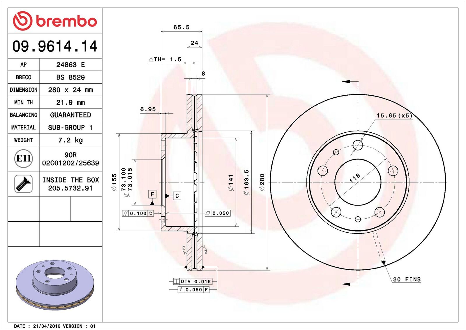 BREMBO 09.9614.14 - Bremsscheibe