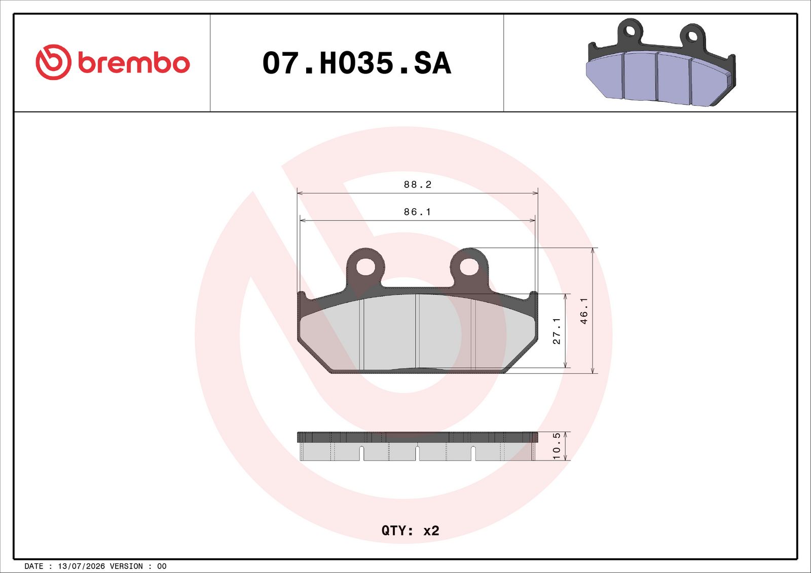 BREMBO 07HO35SA - Bremsbelagsatz, Scheibenbremse