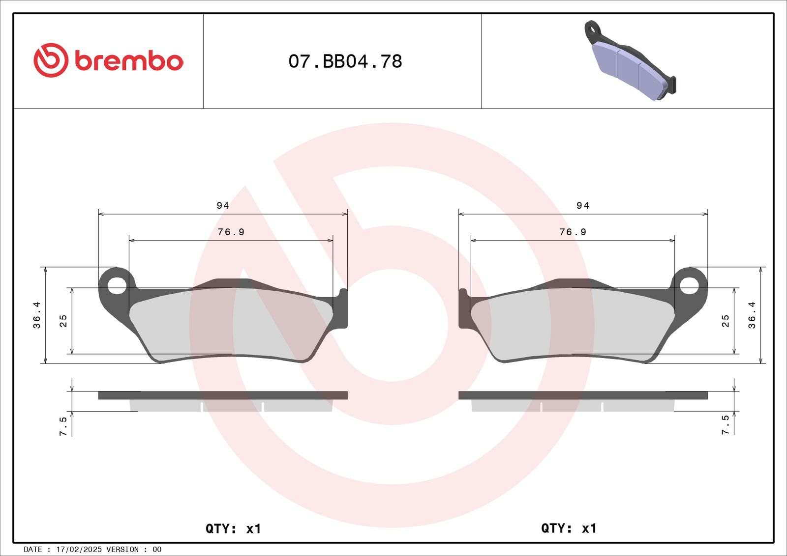 BREMBO 07BB0478 - Bremsbelagsatz, Scheibenbremse