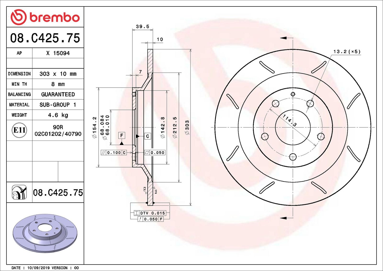 BREMBO 08.C425.75 - Bremsscheibe