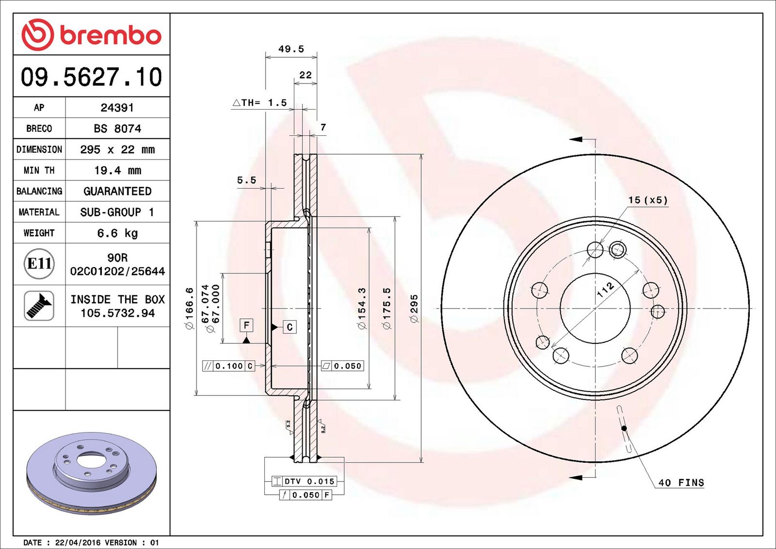 BREMBO 09.5627.10 - Bremsscheibe