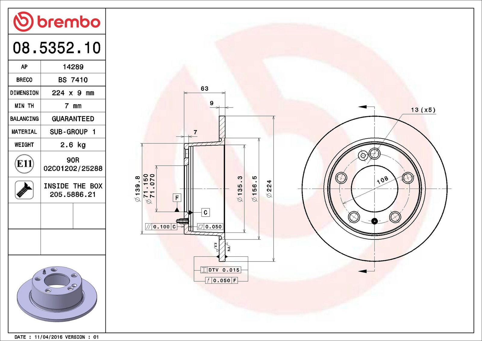 BREMBO 08.5352.10 - Bremsscheibe
