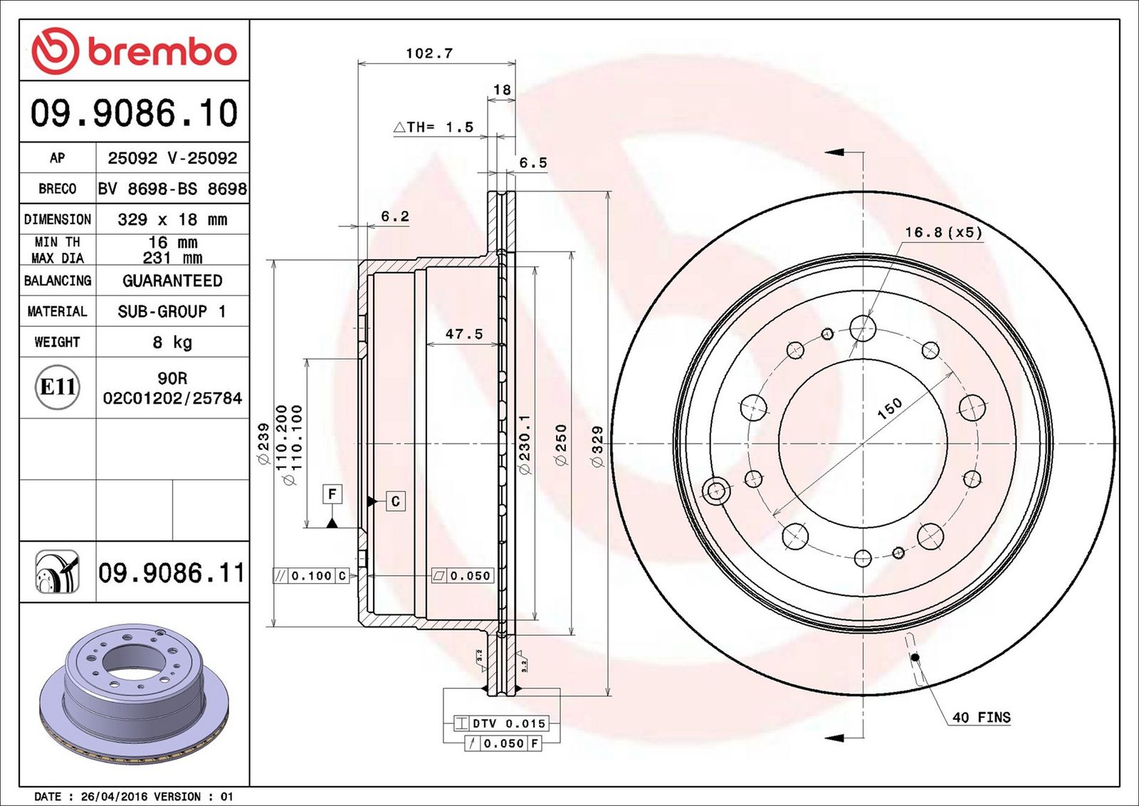 BREMBO 09.9086.11 - Bremsscheibe