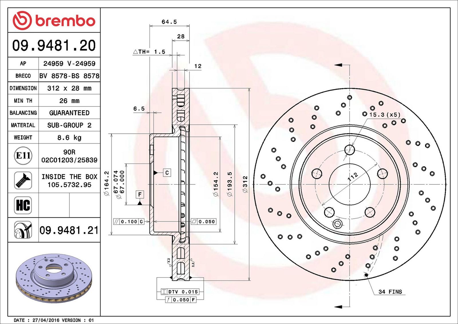 BREMBO 09.9481.21 - Bremsscheibe
