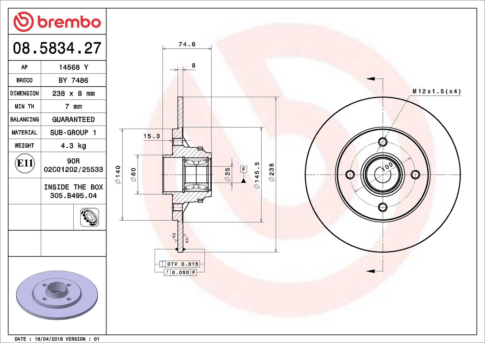 BREMBO 08.5834.27 - Bremsscheibe
