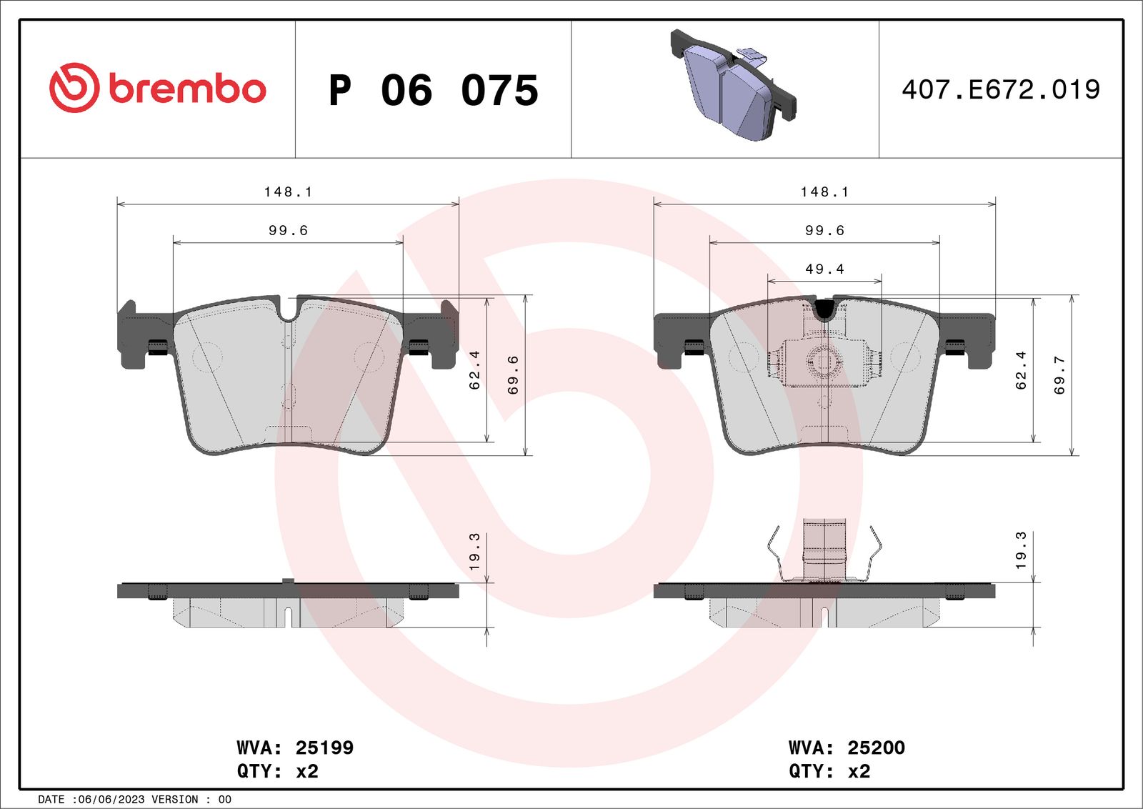 BREMBO P 06 075X - Bremsbelagsatz, Scheibenbremse