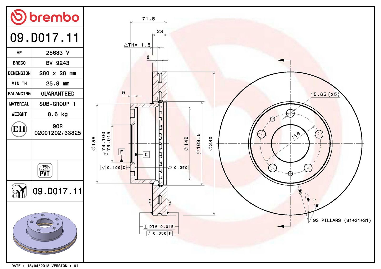 BREMBO 09.D017.11 - Bremsscheibe