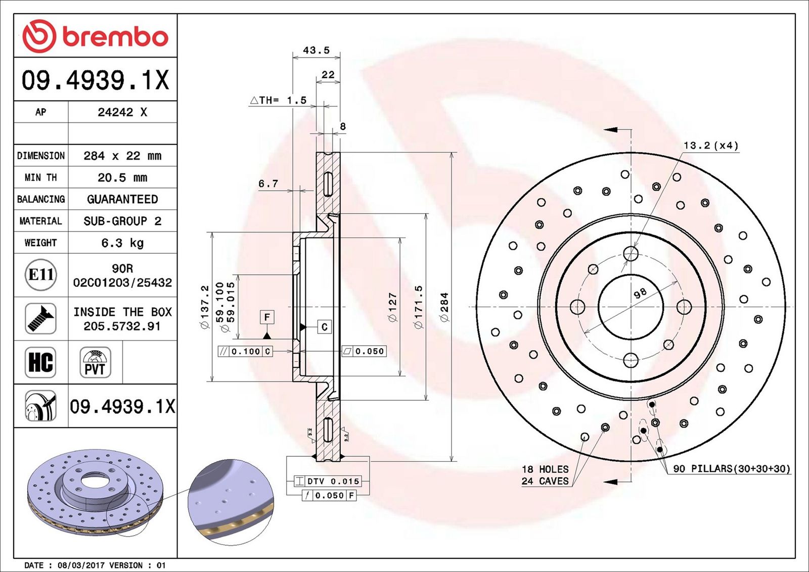 BREMBO 09.4939.1X - Bremsscheibe