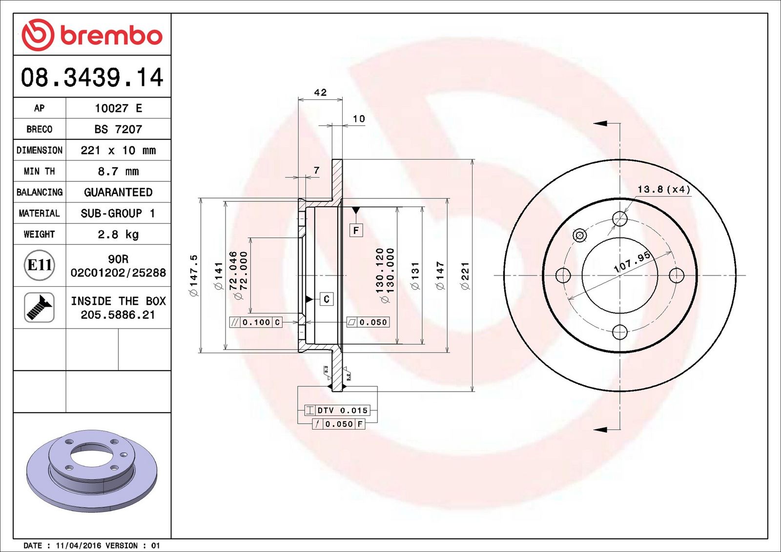 BREMBO 08.3439.14 - Bremsscheibe
