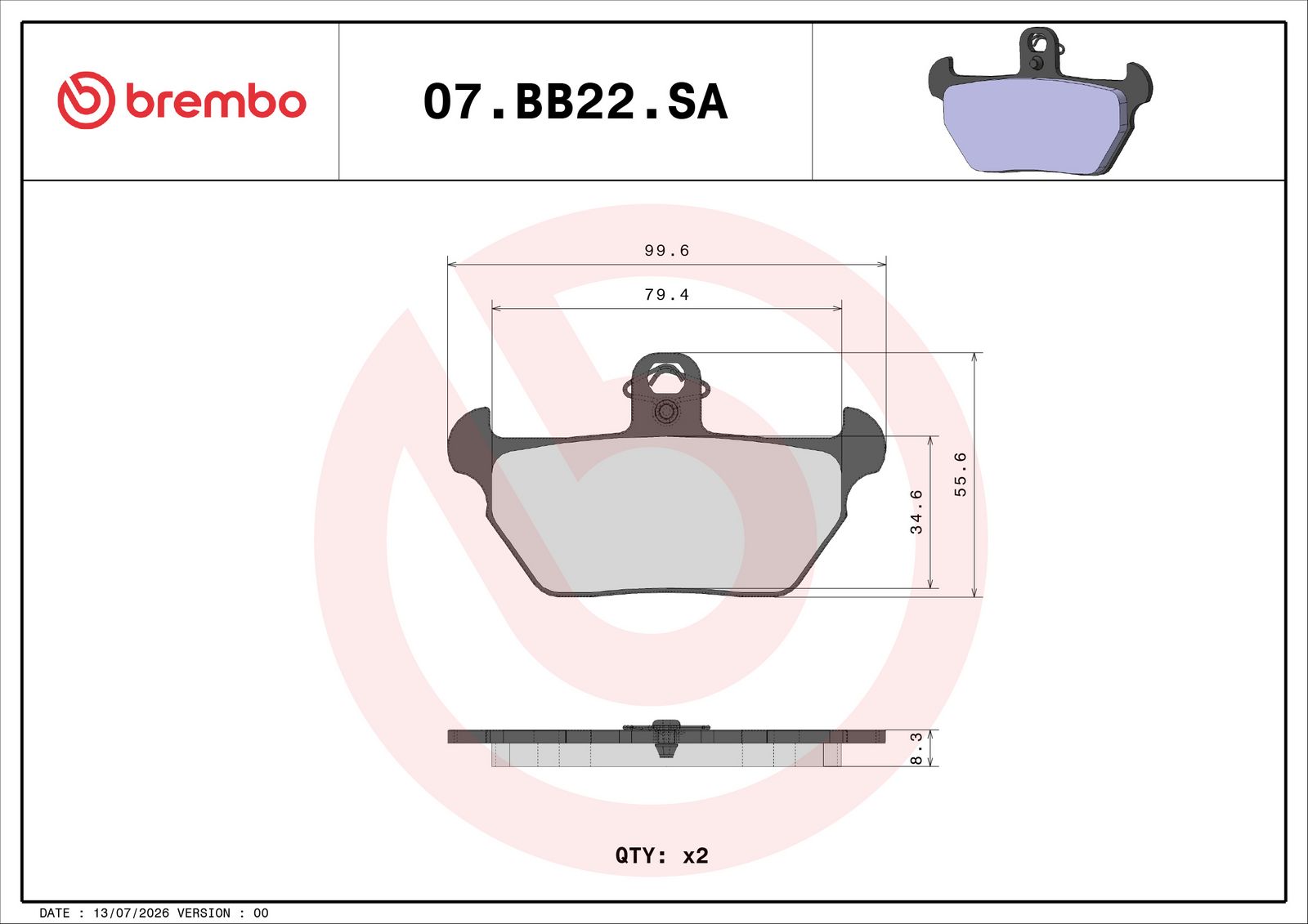 BREMBO 07BB22SA - Bremsbelagsatz, Scheibenbremse