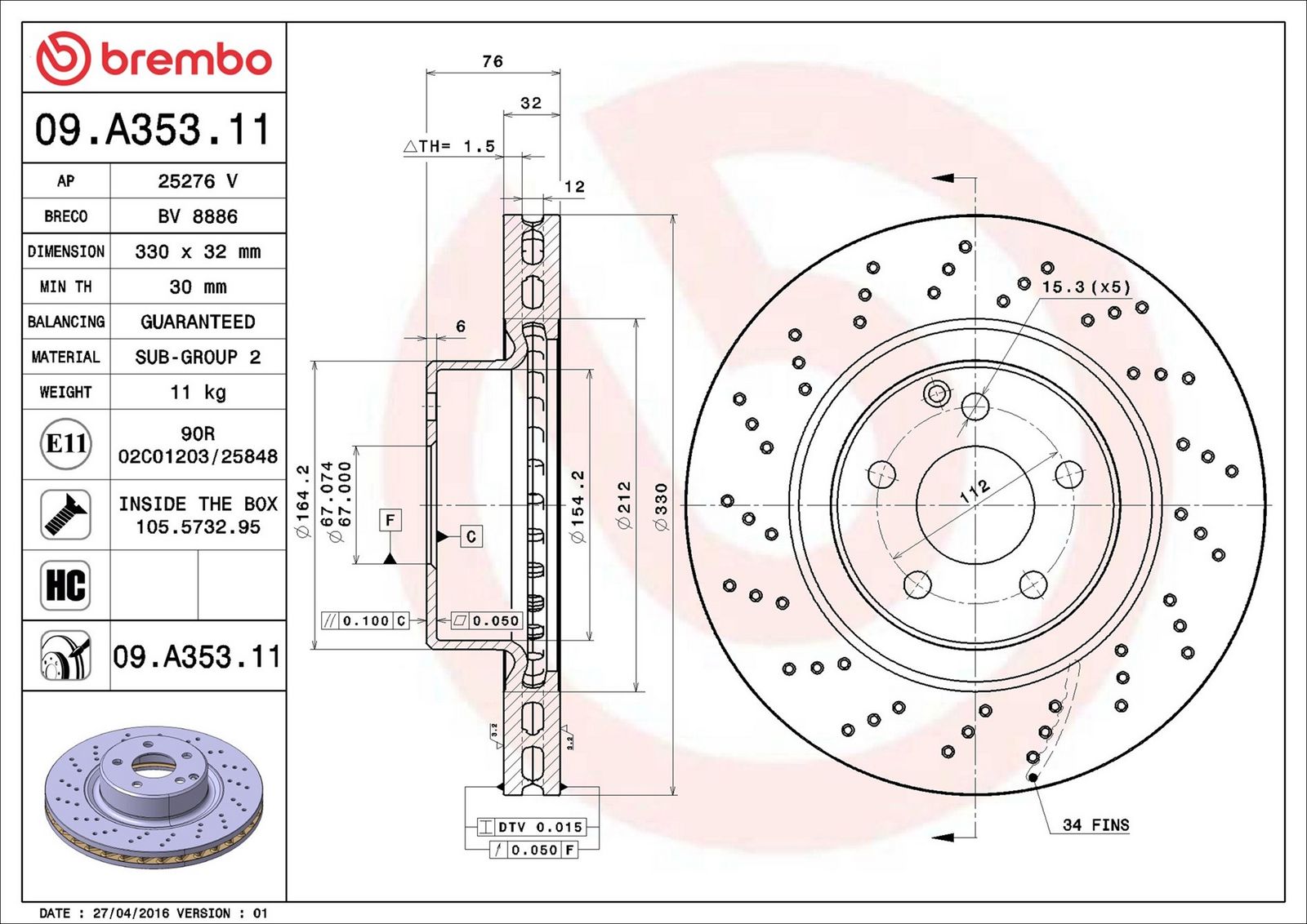 BREMBO 09.A353.11 - Bremsscheibe