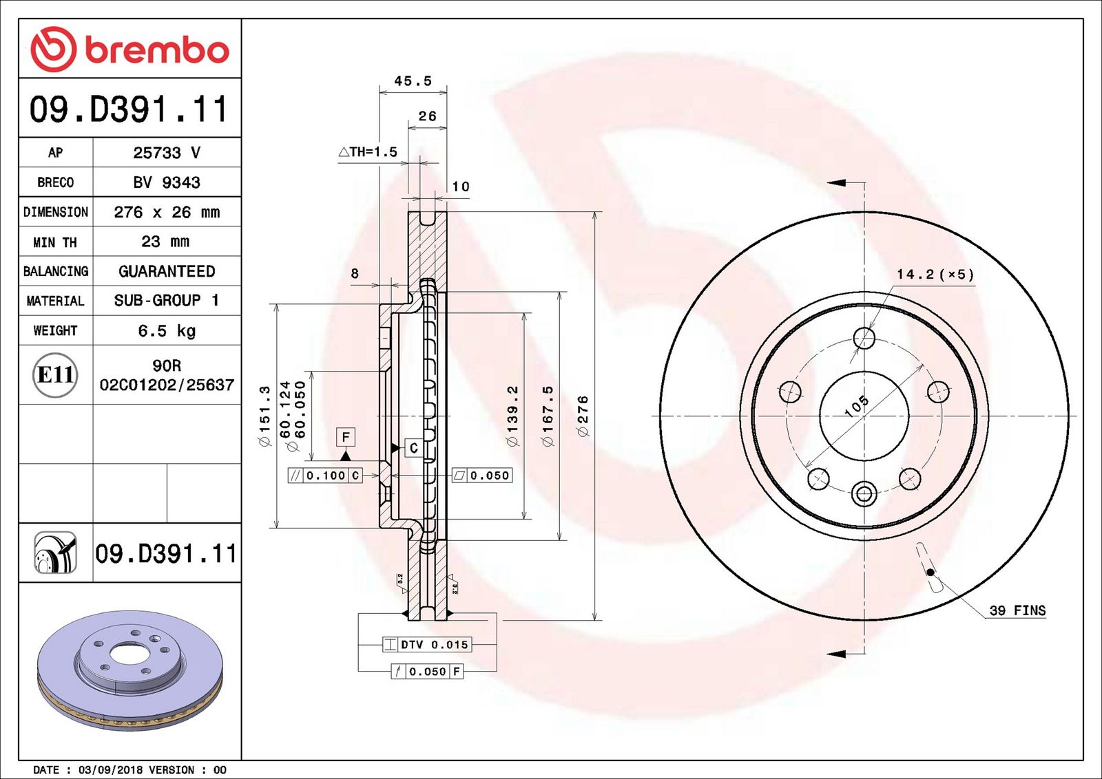 BREMBO 09.D391.11 - Bremsscheibe