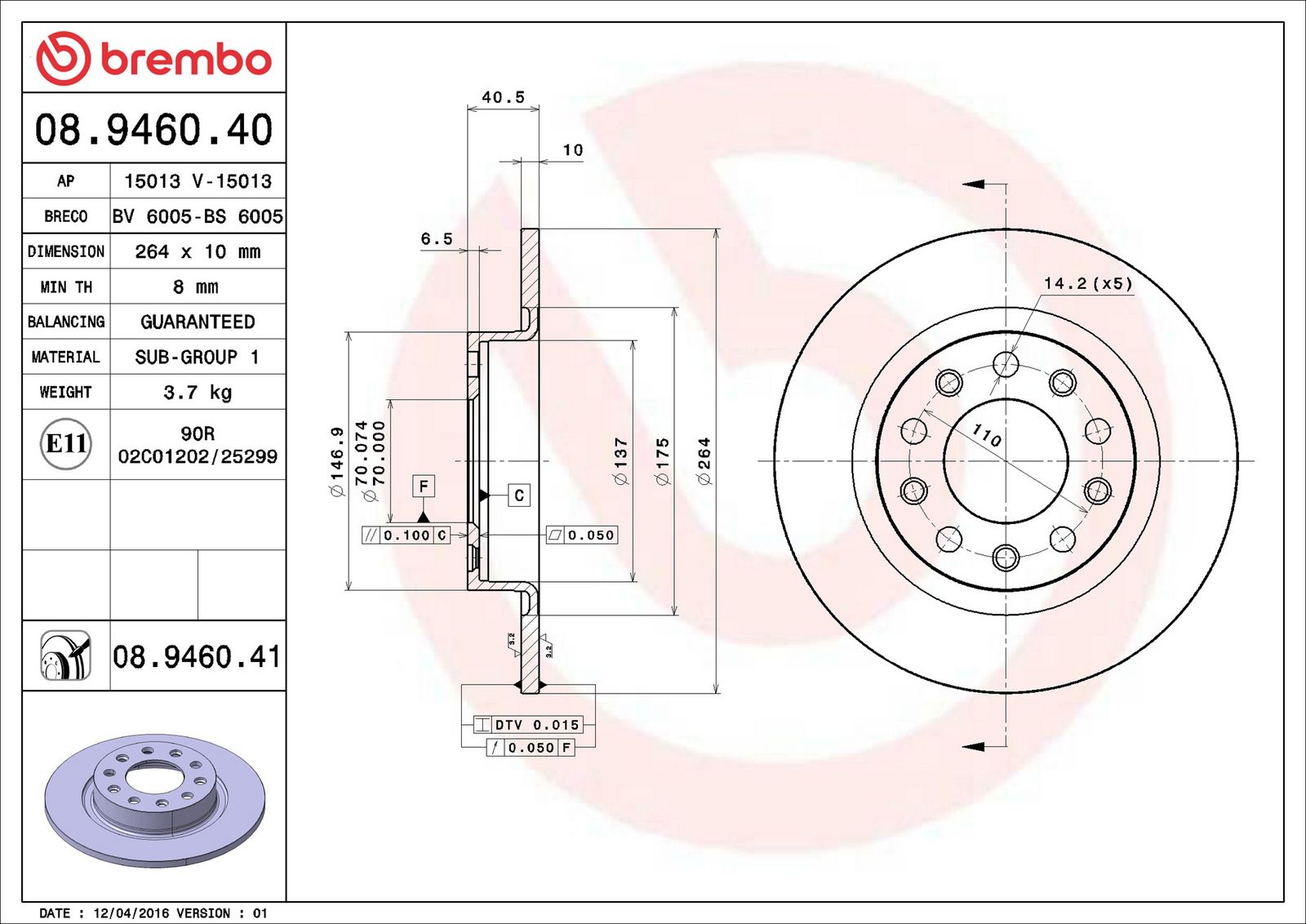 BREMBO 08.9460.41 - Bremsscheibe