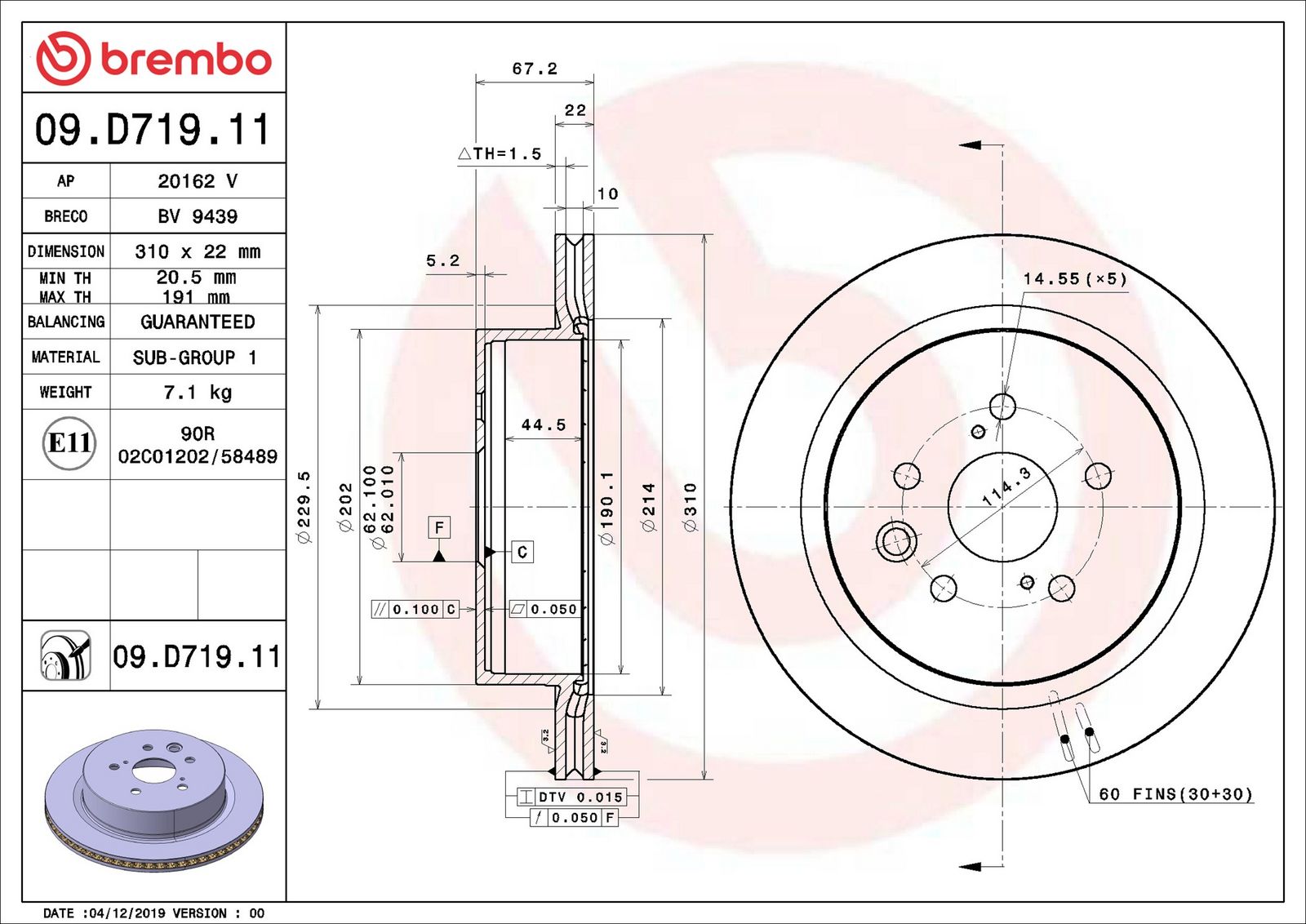 BREMBO 09.D719.11 - Bremsscheibe