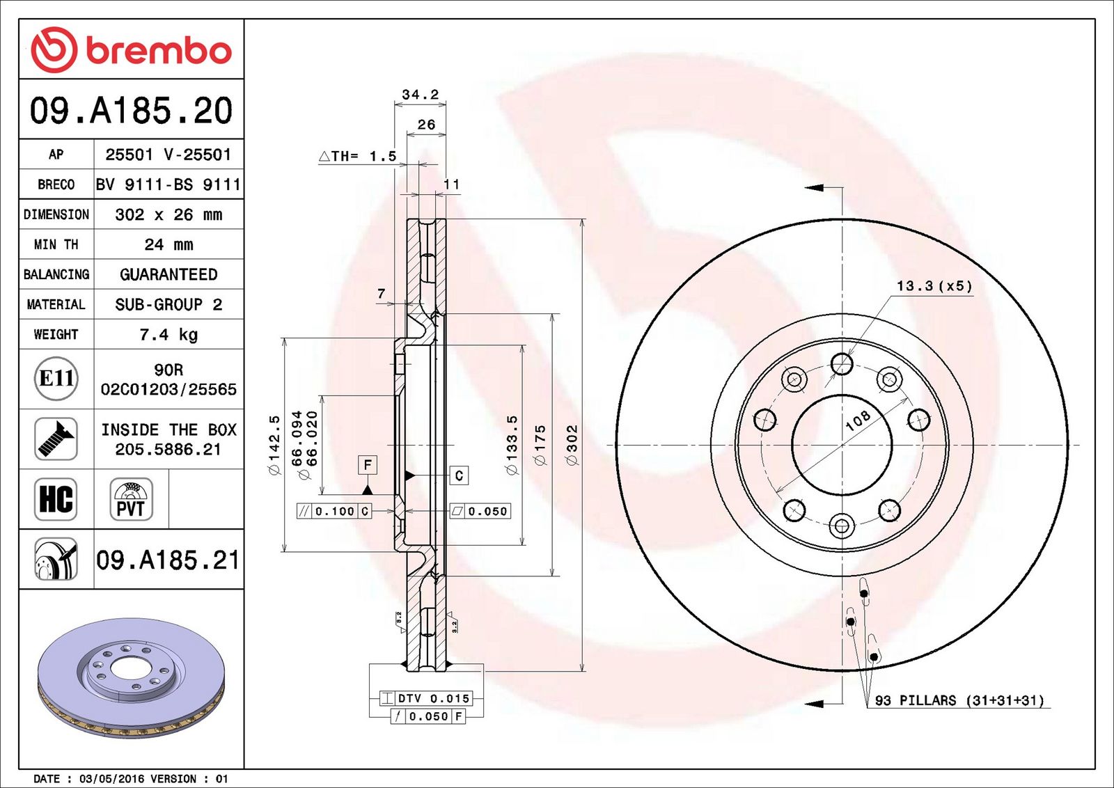BREMBO 09.A185.21 - Bremsscheibe