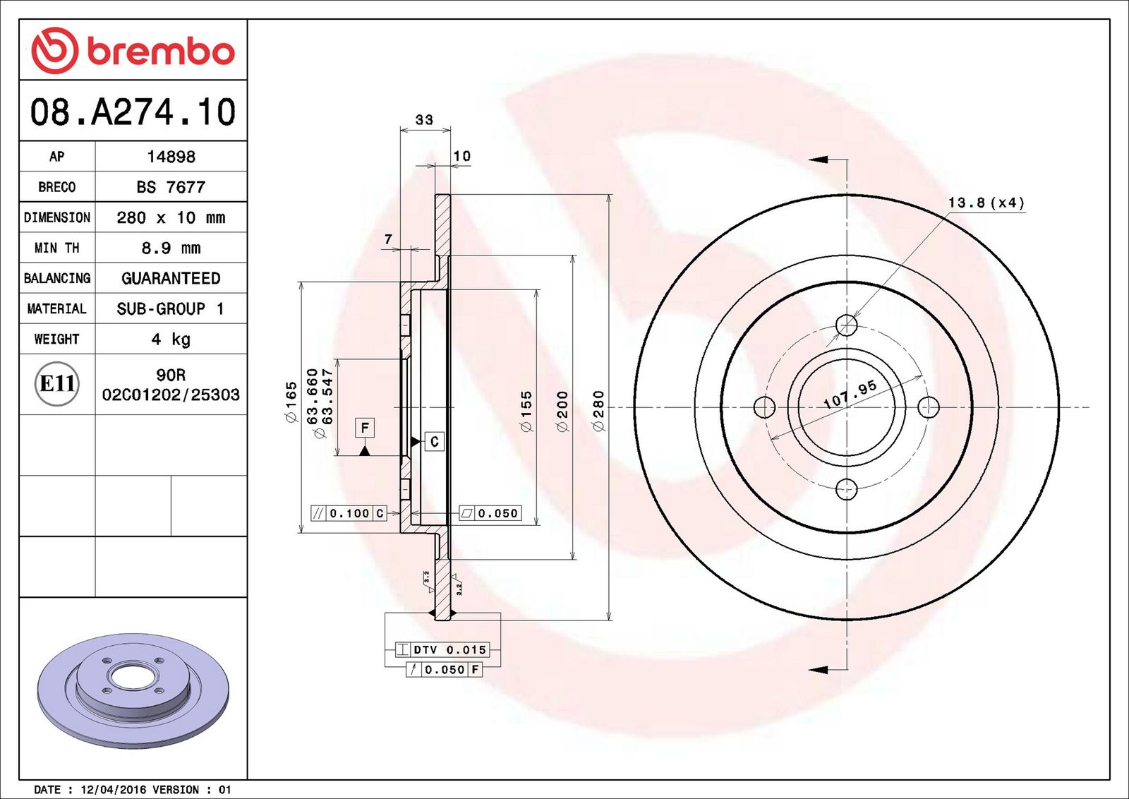 BREMBO 08.A274.10 - Bremsscheibe