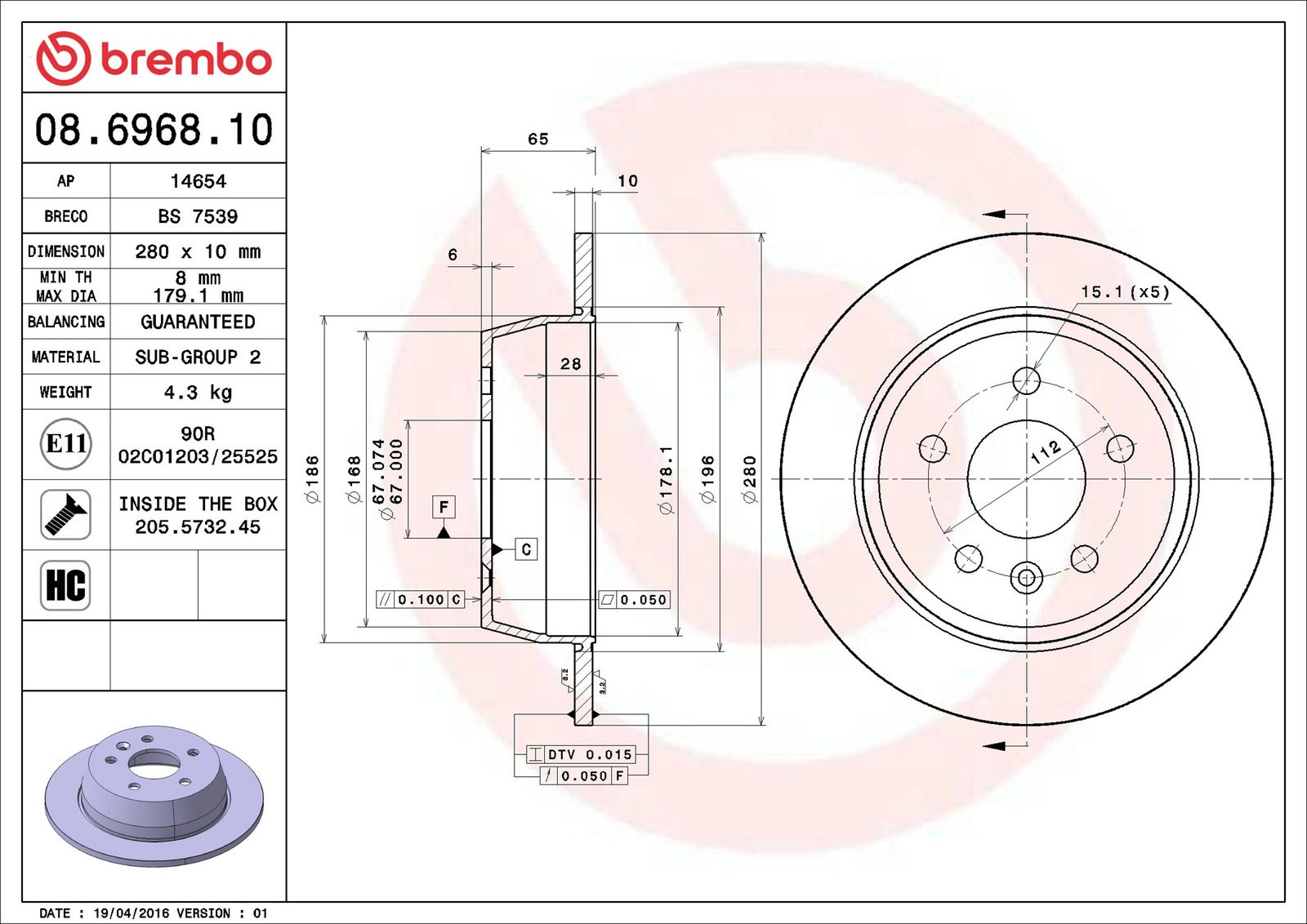 BREMBO 08.6968.10 - Bremsscheibe