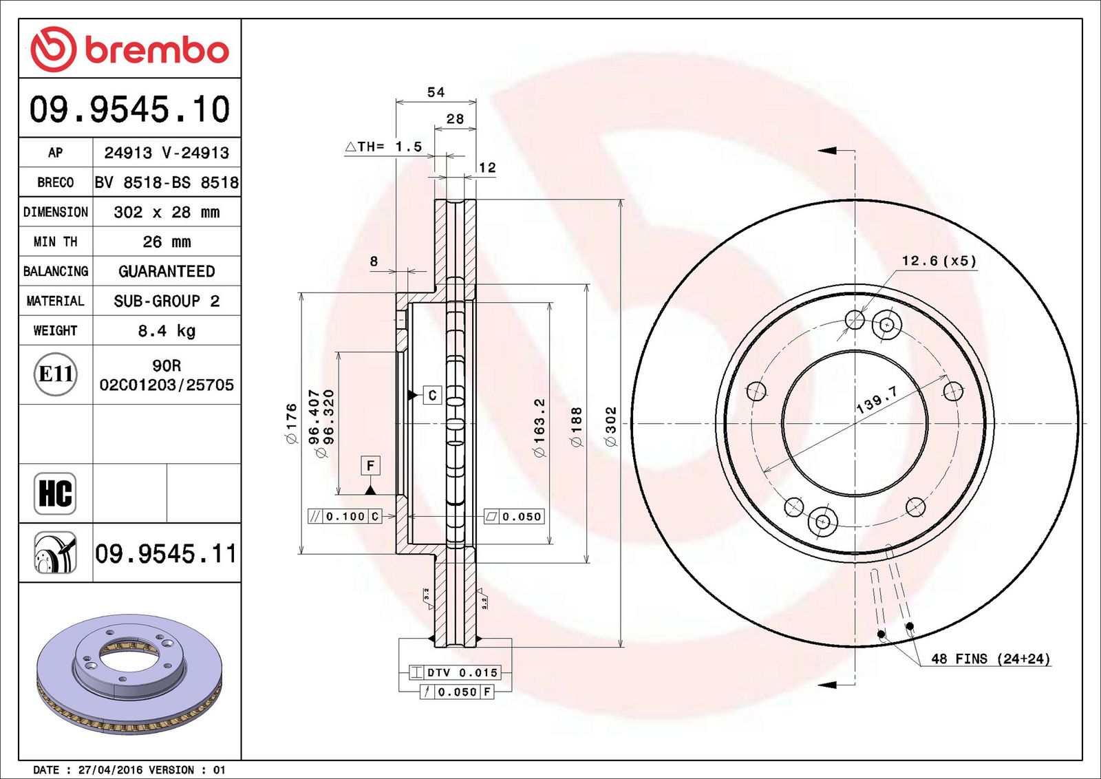 BREMBO 09.9545.11 - Bremsscheibe