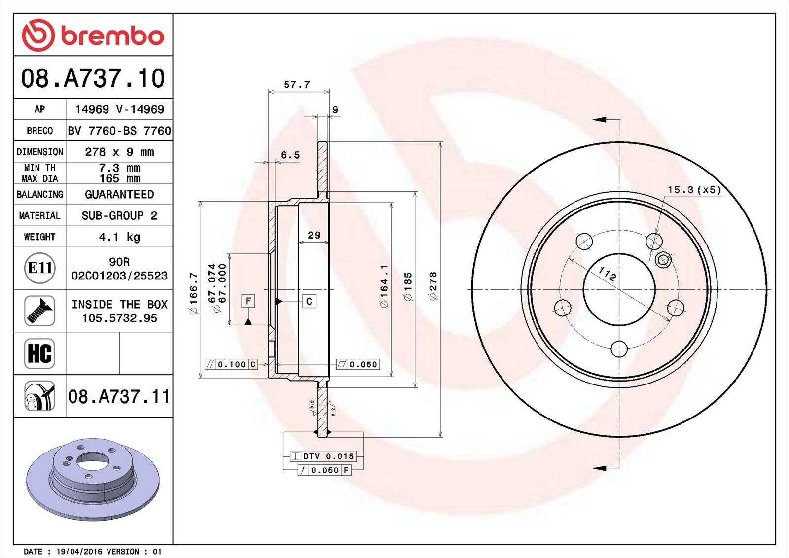 BREMBO 08.A737.11 - Bremsscheibe