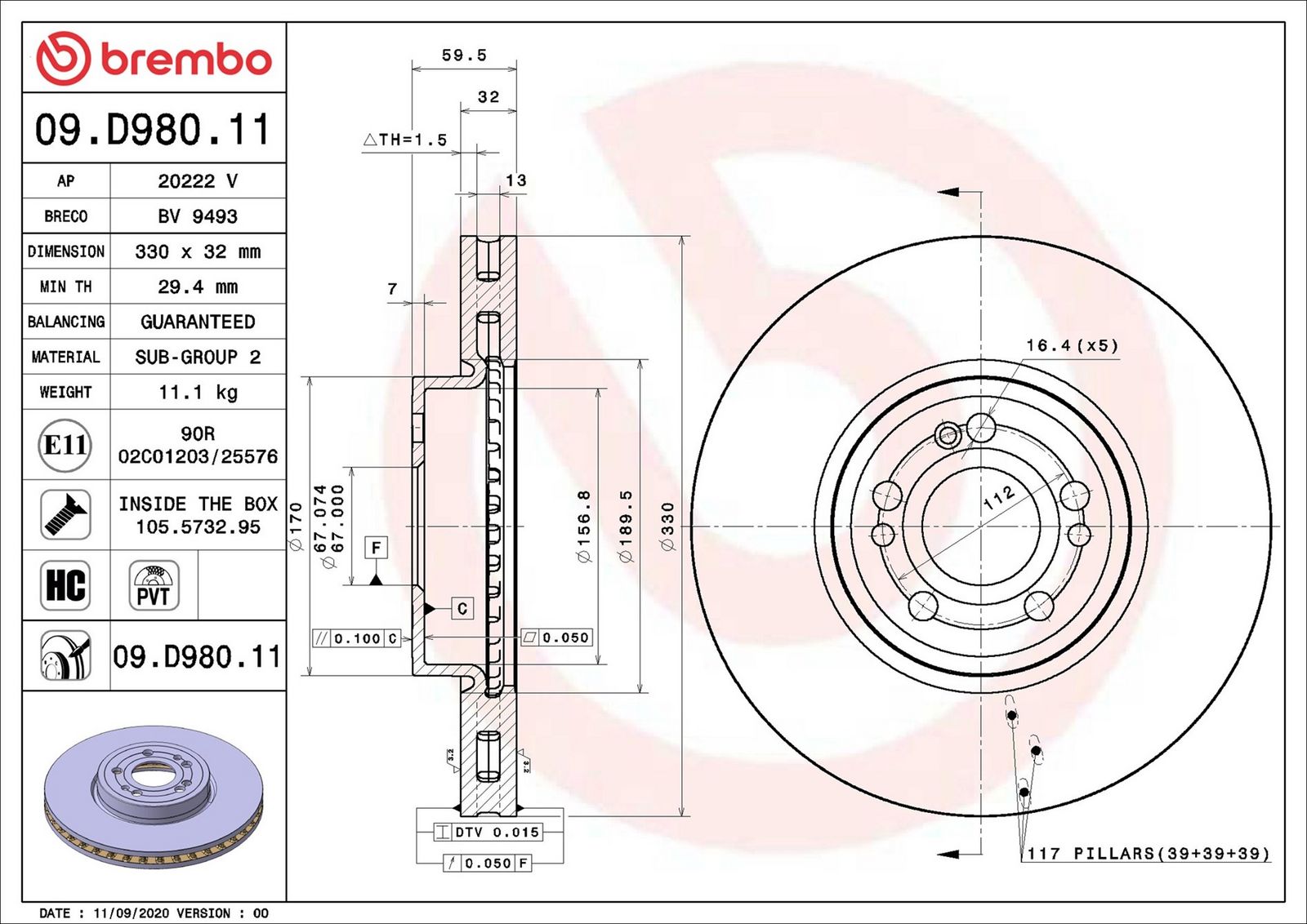 BREMBO 09.D980.11 - Bremsscheibe